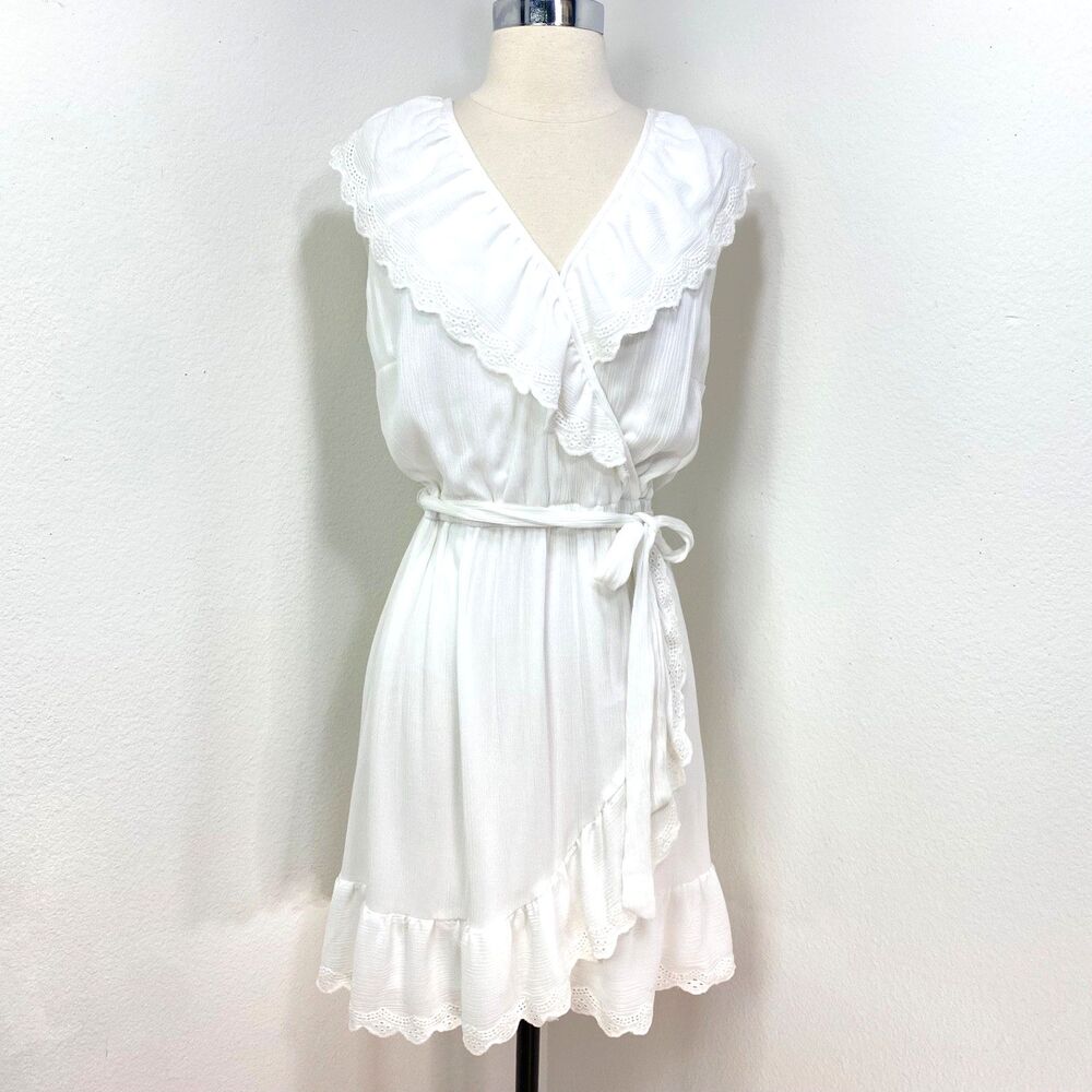 Lauren Conrad White Rayon Faux Wrap Dress Small Eyelet Ruffle Lined Coastal Boho